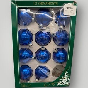 Vintage Rauch 11 Shiny Blue Glass Ball Christmas Ornaments w/Box 2" Made In USA